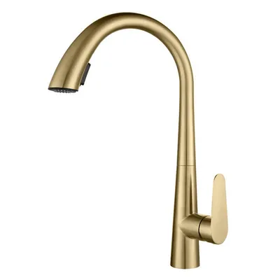 Produktbild von 304 Edelstahl Küchenarmatur, herausziehbare Mischbatterie, 360° drehbar, zwei Strahlarten per Knopfdruck, gebürstete Oberfläche, Gold