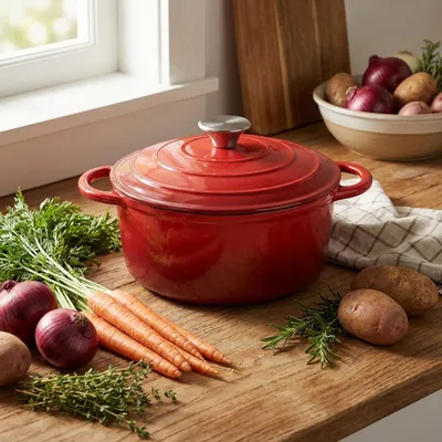 Produktbild von Gusseisen Topf mit Deckel 22cm Rund, Emaillierter Schmortopf 2,2L Rot, Bräter für alle Herdarten wie Induktion, Backofenfestes Kochgeschirr Profi