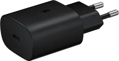 A black Samsung USB-C fast charger with a lightning bolt logo and text indicating fast charging.