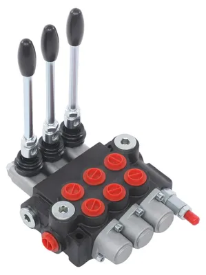 Obrázok produktu pre Hydraulický rozdeľovací ventil – 3-cestný – prietok 40 l/min – ručné ovládanie – nastaviteľný pretlakový a spätný ventil – BSPP 1,27 cm – čierny