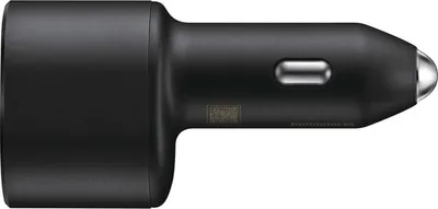 A black car charger is shown against a white background.