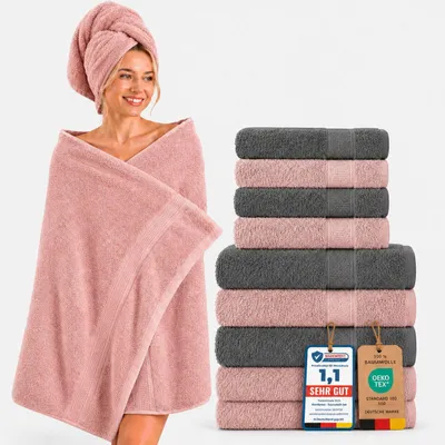Produktbild von Komfortec 8er Handtuch Set aus 100% Baumwolle, 4 Badetücher 70x140 und 4 Handtücher 50x100 cm, Frottee, Weich, Towel Groß Anthrazit Grau/Rosa