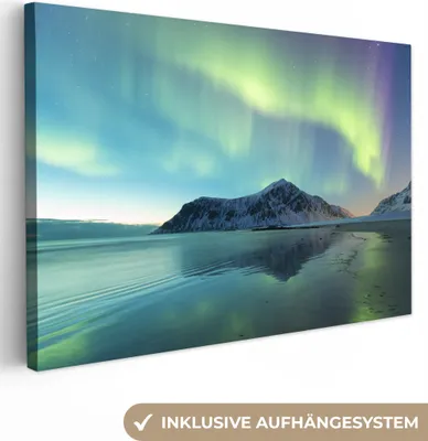 Produktbild von OneMillionCanvasses® - Leinwandbilder - 140x90 cm, Nordlicht über Felsen, Wandbilder Kunstdruck Wanddekoration