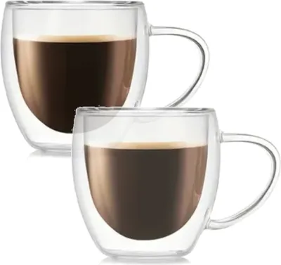 Produktbild von Doppelwandige Gläser | 250 ml mit Henkel | 2 Stück | Latte Kaffee Thermo Becher Tee Thermogläser für Cappuccino Macchiato Tee Kaffeegläser Glastasse