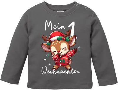 Produktbild von Baby Langarmshirt Mein 1. Weihnachten Weihnachtsoutfit Spruch Grinch Rentier Jungen Mädchen Longsleeve Moonworks® Dabbing Rentier dunkelgrau 68/74 (4-9 Monate)