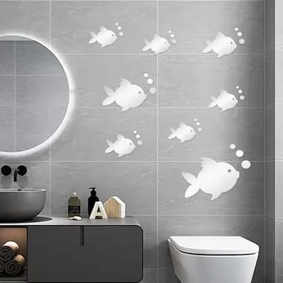 Produktbild von 3D Wandsticker Acryl Fische und Blasen, Silber, Wiederverwendbar, Umweltfreundlich, Wanddekoration für