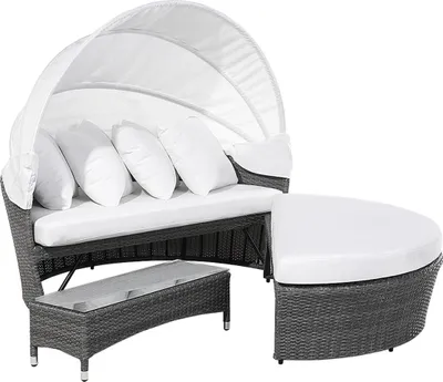 Produktbild von BELIANI Strandkorb grau/cremeweiß Polyrattan Baumwolle 2-Sitzer Sonnendach inkl. Kissen Ottomane Tisch