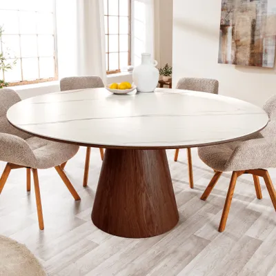 Produktbild von riess-ambiente Runder Esstisch UNIQUE 120cm weiß braun Walnussholz-Design Keramik Marmor Säulenfuß