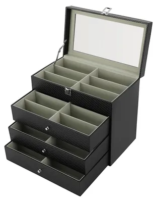 Image de Organiseur pour lunettes, étui en cuirPolyuréthaneà 4 compartiments, présentoir avec couvercle en verre, noir