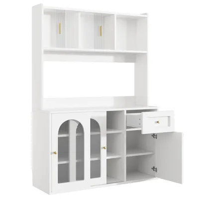 A white hutch-style cabinet with glass doors and open shelves.