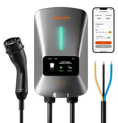 Obrázok produktu pre Nabíjací box pre elektromobily – typ 2 – 7 kW, 32 A, jednofázový – kábel 5 m – IP65 – LCD/aplikácia/RFID – čierny