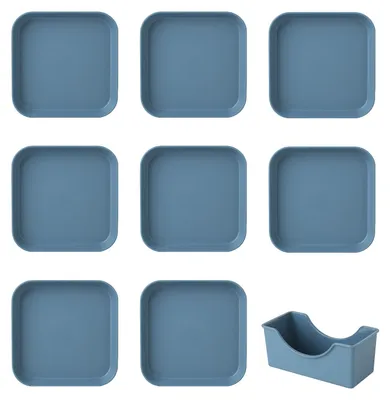 A set of blue plastic plates and a blue plastic holder.