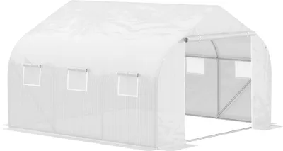 Produktbild von Outsunny Foliengewächshaus, 4,45 x 2,99 x 2,05 m Gewächshaus, Tomatenhaus mit UV-Schutz, Mesh-Fenster, Winddichtes Treibhaus für Garten, Balkon, Metall, Weiß