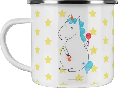 Produktbild von Mr. & Mrs. Panda Teetasse Einhorn Baby - Weiß - Geschenk, Pott, Haferl, Einhörner, Geburt, Emaille Tasse, Teebecher, Geburtstag, Unicorn, Schnuller, Kaffeepott