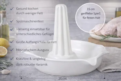 Produktbild von KERAZO Keramik-Hähnchenbräter aus Steinzeug – Geflügelbräter mit Auffangschale, Ausgießer und geriffeltem Spieß für den Backofen, weiß