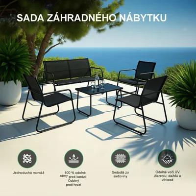 Obrázok produktu pre Textilná súprava záhradného nábytku Black Forest, dve stoličky + ležadlo + rozkladací stôl, čierna