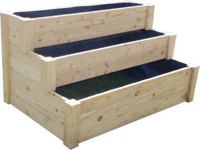 A three-tiered wooden planter box with black liners.