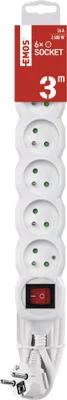 Prodlužovací kabel 3 m / 6 zásuvek / s vypínačem / bílý / PVC / 1,5 mm2