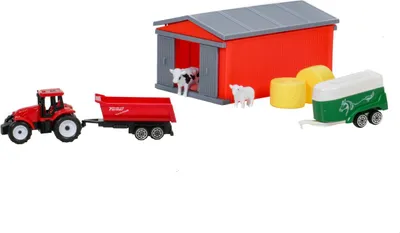 Produktbild von Kinderspielzeug Traktor, Trecker in rot mit Anhänger + Pferdetransporter mit Ladeklappe, Stall mit 4 Schiebetüren, Kuh, Schaf, 2 Strohballen