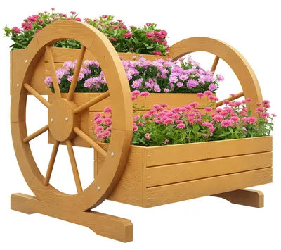 Productafbeelding van Verhoogd tuinbed, 3 lagen, wagenwielontwerp, natuurlijk hout, 62 x 61 x 57 cm