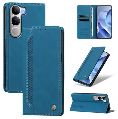 Image de Étui pour Vivo Y300, en cuir PU, type portefeuille rabattable, avec compartiments pour cartes et support intégré, couleur bleue