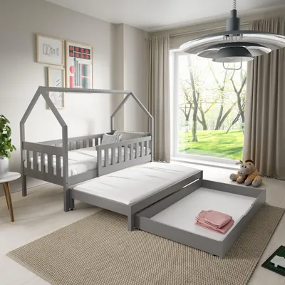 Produktbild von Masseno Kinderbett BAMBINA 80x160 cm mit Schublade, Rausfallschutz, Einzelbett für Mädchen und Jungs, Hausbett für Kinder, Holz, Hellgrau