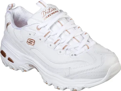A white Skechers D-Lites sneaker with rose gold accents.