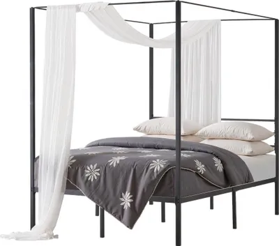 Produktbild von Himmelbett Rahmen Vollgröße, Metall Himmelbett mit Himmelbett-Design, 363 kg Belastung, Robuste Stahl-Lattenstütze Quadrat, Stauraum unter dem Bett, Kein Boxspring erforderlich, Schwarz