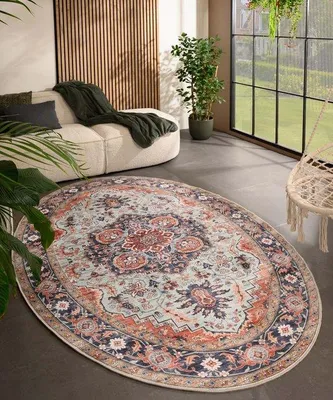 Image de Tapis d'extérieur Unyqoos® Valenca Fino Oval, 160 x 230 cm – Vert-bleu vintage, pour intérieur et extérieur, structure 3D, lavable
