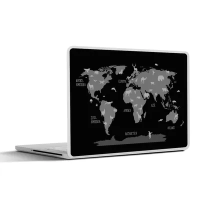Produktbild von MuchoWow® Laptop Aufkleber Sticker Cover Weltkarte mit Tieren - schwarz und weiß 36.5x27.5 cm - Laptop-Sticker
