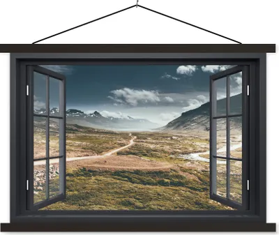 Produktbild von MuchoWow® Textilposter Aussicht - Weg - Berg 60x40 cm mit schwarzem Rahmen - Hölzernes
