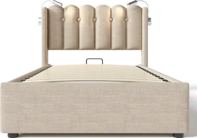 Produktbild von Flieks Polsterbett 90x200cm mit Lattenrost, Hydraulisches Boxspringbett mit USB und Leselichte, Stauraumbett Einzelbett, Leinen, Beige