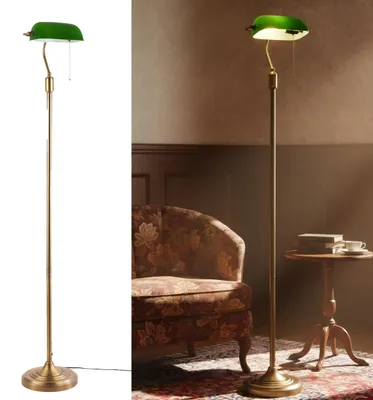 Obrázek produktu pro Stojací lampa se zeleným skleněným stínidlem, starožitná mosaz, nastavitelné rameno