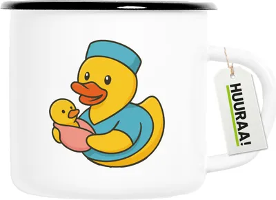 Produktbild von Huuraa Emaille Tasse Quietscheente Hebamme Comic Gummiente 300ml Vintage Campingbecher Geschenkidee