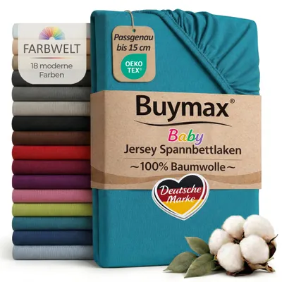 Produktbild von Buymax Baby Spannbettlaken 60x120 cm Petrol, Jersey 100% Baumwolle, Kinderbett Bettlaken, bis 15 cm Matratzenhöhe
