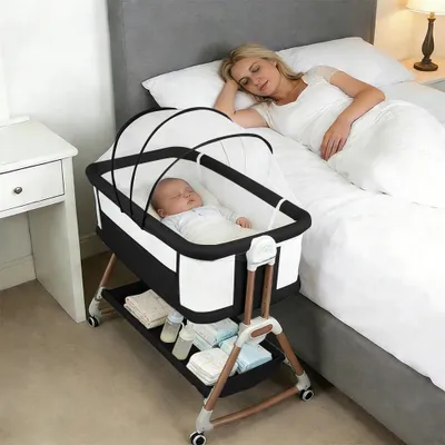 Produktbild von Babybett - Beistellbett - 6 Höhenstufen - Atmungsaktive Matratze - Netzfenster - Wiegefunktion - Schiebesystem - Metallrahmen - Schwarz