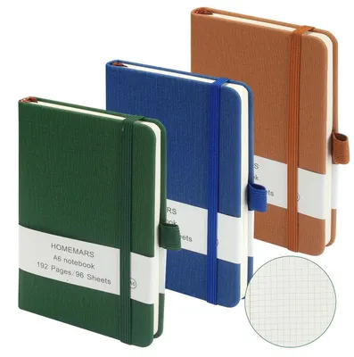 Image de Cahiers A6 quadrillés, lot de 3, dimensions 14,4 cm x 9,6 cm, 192 pages, couleurs : marron, vert, bleu