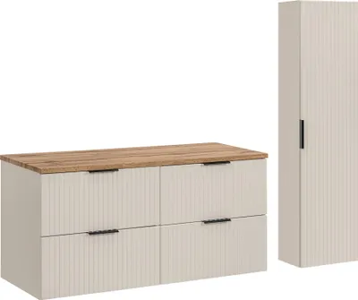Obrázek produktu pro Koupelnová sestava 120 cm s deskou z dubu wotan a vysokou skříňkou