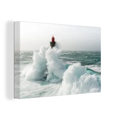 Produktbild von OneMillionCanvasses® - Leinwandbilder - 150x100 cm, Der französische Leuchtturm von La Jument im Sturm, Wandbilder Kunstdruck Wanddekoration