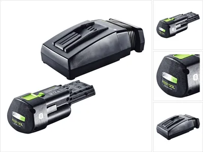 A black Festool battery and charger are shown against a white background. The battery is in the foreground, and the charger is in the background.