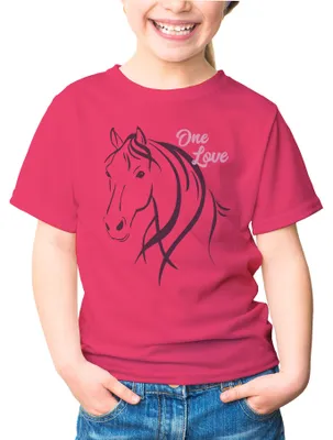 Produktbild von Kinder T-Shirt Mädchen Pferde-Motiv Reiten Geschenk für Pferdeliebhaber Mädchen Geburtstag Weihnachten Moonworks® pink 98-104 (3-4 Jahre)