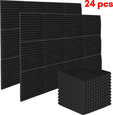 Produktbild von Clanmacy 24 Stück Akustikschaumstoff Akustikschaum Matten  Dreiecksnut 30 x 30 x 2.5cm  Schalldämmmatten zur effektiven Schaumstoff Fliesen Schwarz