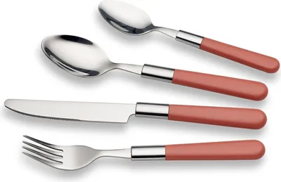 Produktbild von Bistro Besteckset mit Plastikgriffen, Campingbesteck, Picknickbesteck, Leichtes Reisebesteck, Outdoor-Besteck für Grillabende im Freien, Für bis zu 4 Personen, 18/0 Edelstahl, Rosa.