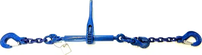 A blue chain with hooks and a tensioning mechanism on a white background.