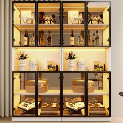 Productafbeelding van Flieks Glazen vitrine, set van 2, vitrinekast met glazen deuren, LED-verlichting, spiegelachterwand, displaykast voor woonkamer, keuken, eetkamer, wit