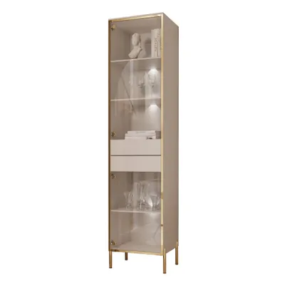 A tall, narrow display cabinet with glass doors and shelves, illuminated by LED lights.