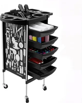 Produktbild von 5 Schubladen Friseurwagen Stapelboy Salonhilfe Bedienungswagen, Friseur Arbeitswagen Wagen Rollwagen für Salon Haarstyling (Schwarz)