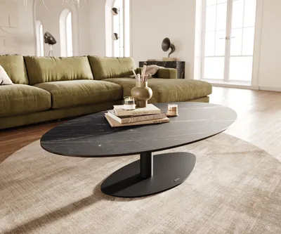 Produktbild von DELIFE Couchtisch Edge Oval 140x80 cm Keramik Laminam® Noir Desir Braun Vibany Metall Schwarz