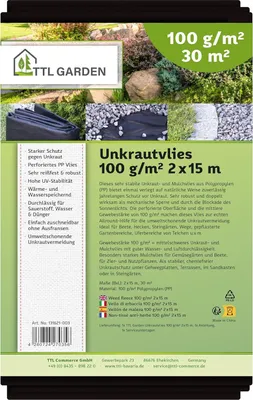 Produktbild von TTL GARDEN Unkrautvlies 30m² 2x15m Schwarz 100g/m² Gartenvlies Mulchvlies Folie gegen Unkraut PP-Vlies