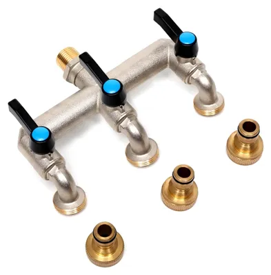 Produktbild von 1/2 Zoll 3-Wege Auslaufhahn mit verlängertem Griff aus Metall, Messing Wasserverteiler mit 3/4 Zoll BSP Anschluss für Gartenschlauch, 3-Wege Wasserhahn für Waschmaschine und Regentonne